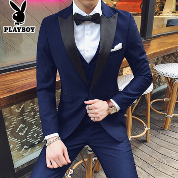 燕尾服正装新郎结婚晚礼服塔士多西服男蓝色戗驳领西服马甲西裤衬衫