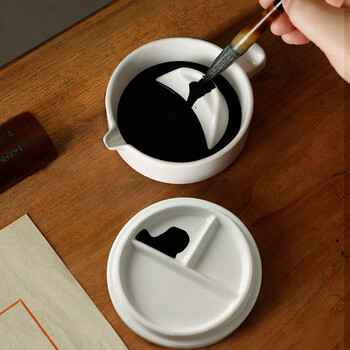 漢墨 多功能陶瓷白瓷墨池 学生初学者青花陶瓷墨海毛笔架 文房四宝墨池带盖