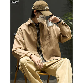 衬衫男士日系简约刺绣工装外套春秋季潮流感免烫休闲衬衣驼色xl135160