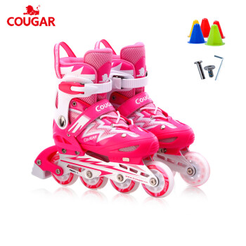 美洲狮（COUGAR） 溜冰鞋 儿童男女轮滑鞋滑冰鞋 可调码旱冰鞋 闪电粉色不闪 S (26-30)