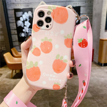 xs11promax带挂绳斜背7/8plus iphone12mini-兔形粉底小草莓 粉色草莓