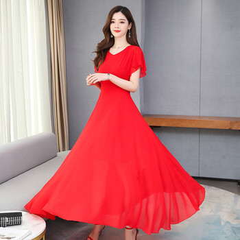 舞裙交谊舞连衣裙高档摩登广场舞女式雪纺团体演出服红色大摆跳舞长