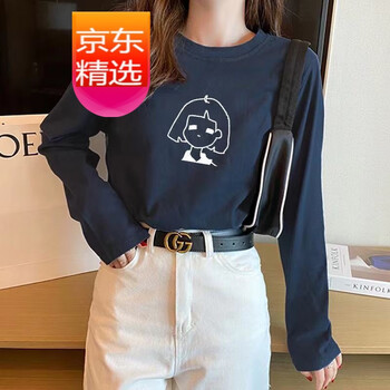 打底衫女秋内搭女ins超火韩版百搭宽松学生上衣t恤藏青色头像印花2xl