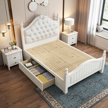 简蕴实木床1.2米单人1米童床全实木白色美式床1.35米1.5米双人1.8M 实木床 1.2x2米  抽屉结构