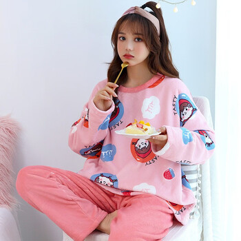 冬季可爱草加厚加绒法兰绒冬天学生少女家居服套装可外穿粉草莓女孩m