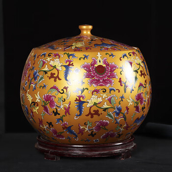 密封收纳景德镇陶瓷家用米缸带盖大号米桶金色进宝纳福储物罐 福寿双 