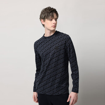 rare意大利威雅男装 春秋新款满版logo提花黑蓝小标男休闲长袖t恤