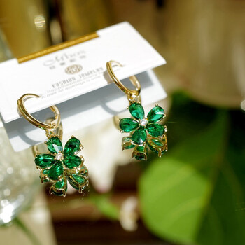 月下抖音mbox盒子小姐lonel洛奈铜合金锆石耳饰小绿花耳环 绿色