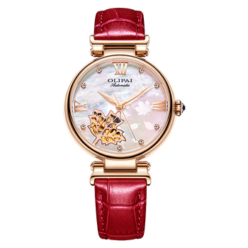 欧力派olipai品牌名女士手表全自动机械表女真皮带时尚枫叶系列贝母