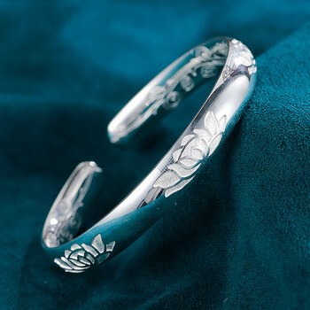 老凤凰999足银手镯女民族风莲花开口实心手工定制年轻款送礼物足银