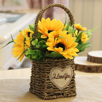 仿真花套装草编花篮花束欧式客厅卧室办公桌装饰摆件假花绢花插花