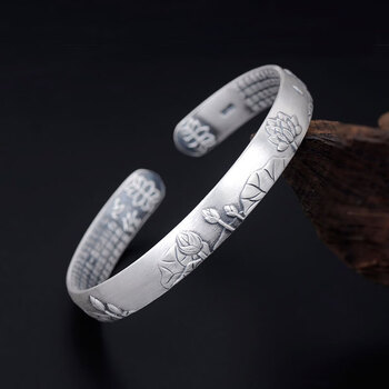 心经莲花手镯35克 证书礼盒 足银