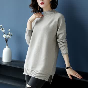 凡摩乔半高领宽松中长款毛衣女套头针织衫秋冬新款大码女装纯色打底衫