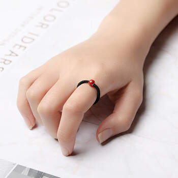 君念玉朱砂戒指紫金砂女男编织红绳牛年本命年珠情侣sn1581黑绳朱砂