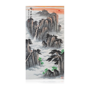 泰山日出有山无水国画 国画泰山日出图手工原稿办公室靠山画有山无水