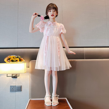 夏装旗袍裙中国风裙子2023新款女孩公主裙珍珠纱裙连衣裙粉红色120