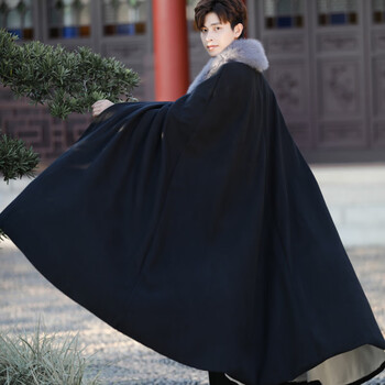 卡辑古装汉服男冬装仙气加绒加厚长斗篷披风外套侠客武侠风刺绣圆领袍