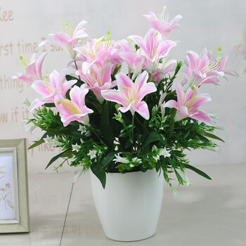 花艺赫 百合花仿真花套装餐桌客厅装饰花塑花料假花摆设高档绢布花束