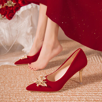 至灵zhiling红色婚鞋女秀禾服两穿细高跟新娘鞋2023年新款孕妇粗跟
