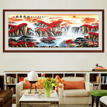 山水画聚宝盆背景墙贴画韩红色19鸿运当头小号长117cmx高50cm印在画上