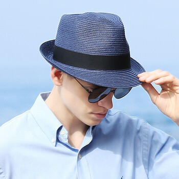 帝卡简嘉遮阳帽子男士时尚绅士草帽旅行太阳帽气质小礼帽 宝蓝色 57cm