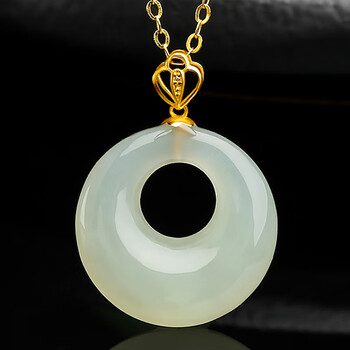 东方雅翠18k金镶天然和田玉月牙平安环吊坠平安扣