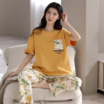 三枪threegun睡衣女夏季纯棉薄款短袖长裤简约甜美夏天家居服套装可外