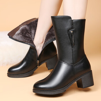 棉鞋妈妈皮靴长靴软底防滑舒适女式棉皮鞋 黑色-绒毛款 36【图片 价格