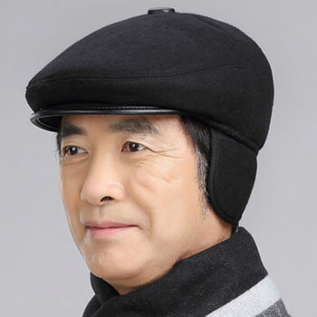 老年男帽子保暖鸭舌帽加厚护耳防风秋冬款爷爷父亲老头帽子纯黑色56码