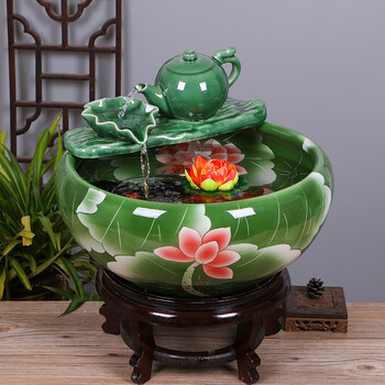 奥尔瑞美陶瓷鱼缸客厅喷泉桌面流水鱼缸小型家用循环鱼缸养鱼盆 满荷