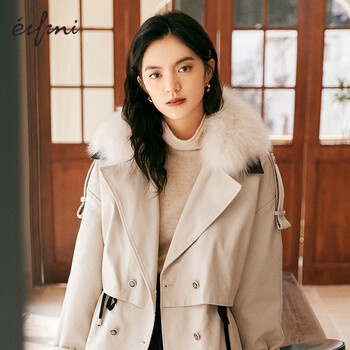 伊芙丽冬装外套2021年秋冬新款大毛领收腰秋冬保暖百搭派克服女米色