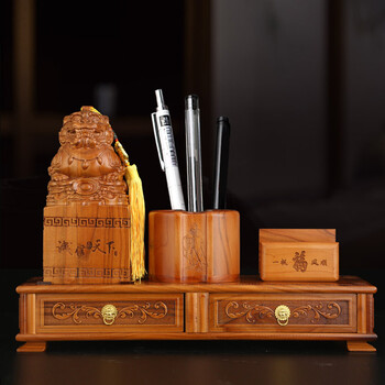 山迪桃木貔貅印章笔筒书房笔架老板办公桌摆件开业礼品桃木貔貅笔筒