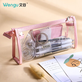 文谷（Wengu）透明笔袋ins大容量开学必备初中高中生文具袋女生学生考试专用文具盒 WGBD001樱花粉