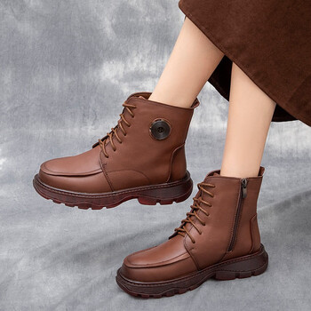 fgacct春秋款薄绒马丁靴女短靴厚底牛筋软底中年女鞋英伦风单靴棕色37