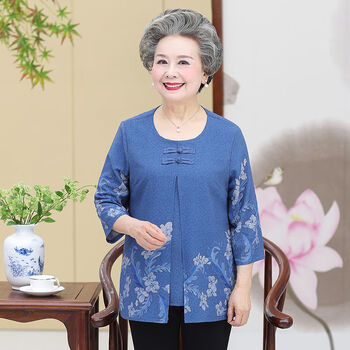 女装新款中老年夏装女6070奶奶装长袖t恤妈妈上衣老人衣服老太太单件