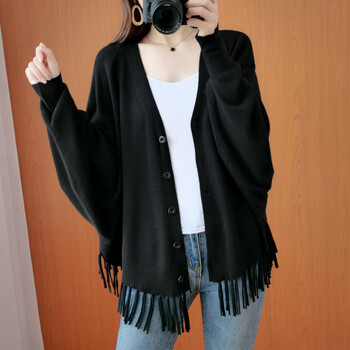 倍荷素订棉麻女装秋冬减龄百搭流苏毛衣外套纯色休闲长袖开衫外搭上衣