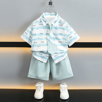 疾奔日系印花涂鸦男装短袖衬衫童装男童套装港风碎花夏季儿童衬衣短裤