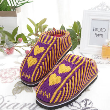 拖鞋编织家居保暖鞋冬加厚成品鞋冬季毛线鞋女黄紫爱心4243适合3940的