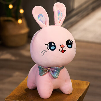 公仔粉色白色开心兔兔娃娃抱枕蝴蝶结生日过年礼物 粉色兔子呆萌款 35