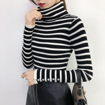 条纹高领毛衣女新款秋冬内搭时尚加厚保暖长袖针织打底衫女潮黑白条纹