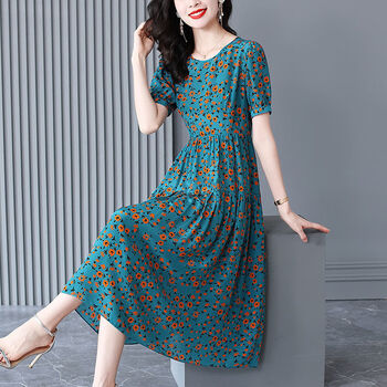 罗蒙杭州品牌重磅真丝连衣女桑蚕丝母亲碎花年轻长中年老年母亲长裙