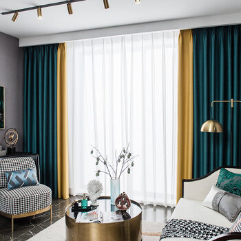 时尚窗帘客厅成品大气现代简约轻奢卧室遮光全布激流湖绿拼黄挂钩款宽