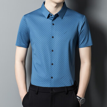mayor雅戈尔夏季短袖衬衫男无痕免烫中年商务休闲条纹薄款翻领印花