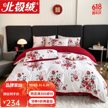 北极绒印花红色四件套100纯棉江苏南通家纺水洗棉加厚轻奢裸睡床上