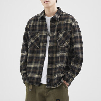 优衣裤官方旗舰店春季新款男士日系水洗复古格子长袖衬衫潮流百搭咖啡