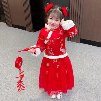 微爱的小松鼠 唐装拜年服 汉服女童儿童加厚宝宝小女孩中国风过年礼服 DSF5 红色 110cm