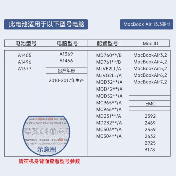 绿巨能（llano）适用苹果笔记本电池A1466 A1369 MacBook Air使用A1405 A1496 A1377电脑电池