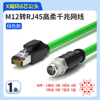 亨通贝尔 M12转RJ45工业网线 高柔电缆 工业级相机编码线缆 直头8芯X型公头（绿）0.3米 HTBE-9007-0.3