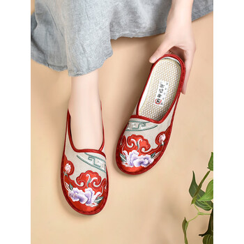 乐娟御福轩老北京布鞋女平底绣花鞋妈妈拖鞋凉拖汉服古风民红色35