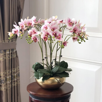 中精质造   花盟手感蝴蝶兰套装客厅玄关假花仿真花绢花金色花瓶北欧